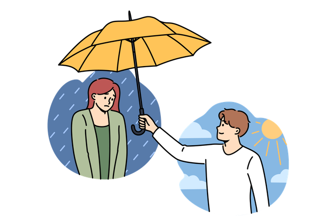 Freundliche Unterstützung und psychologische Betreuung für Frau durch Mann mit Regenschirm  Illustration
