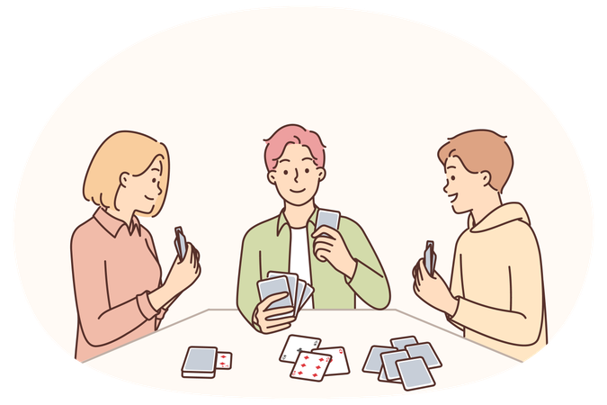 Friends playing cards sitting at table spending time together enjoying game of poker  Illustration