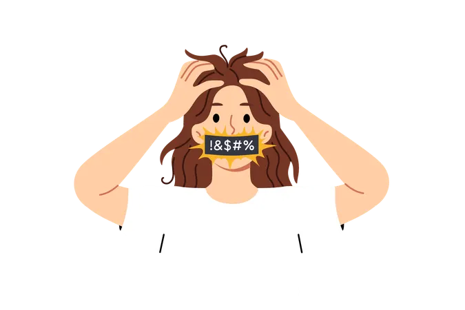 Frightened woman panic and clutches head uttering obscene words after receiving bad news  Illustration