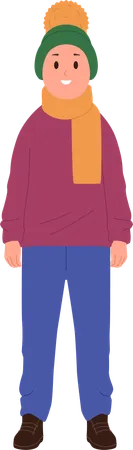 Full length portrait view of ten boy child wearing winter jacket hat and scarf  Illustration