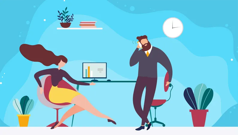 Funcionário do sexo masculino falando por telefone e trabalhadora sentada  Ilustração