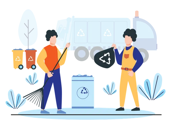 Garbage workers collecting recycling waste  Illustration