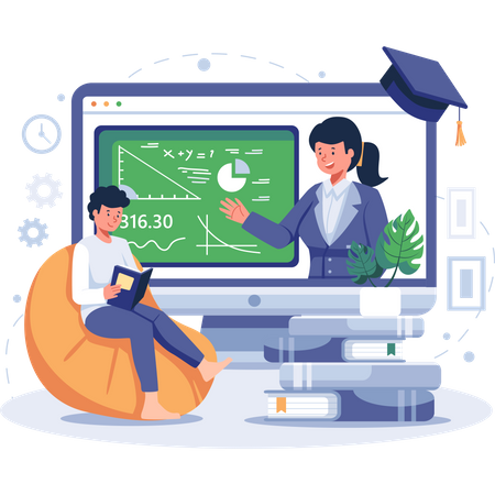 Garçon apprenant les mathématiques en ligne  Illustration