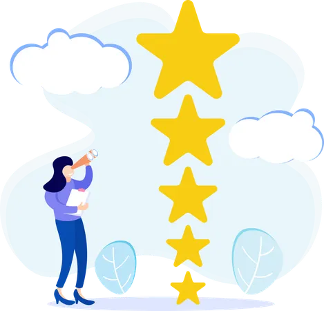 Menina encontrando estrelas de avaliação de clientes  Ilustração