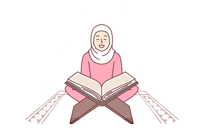 A menina muçulmana lê o Alcorão do livro sagrado  Ilustração