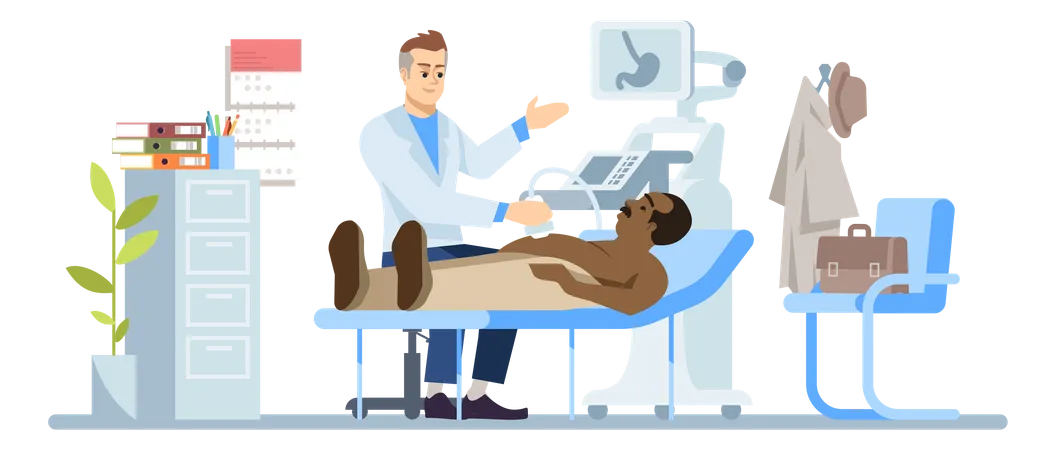 Gastroenterologista examinando homem com problema de estômago  Ilustração