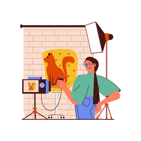 Girl doing animal photoshoot at photo studio  イラスト