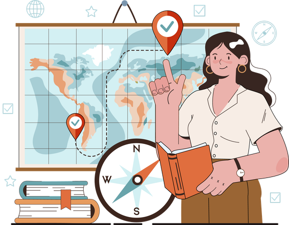 Girl find location while holding geography book  Illustration