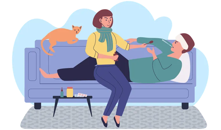 Girl giving potion to sick guy  Illustration