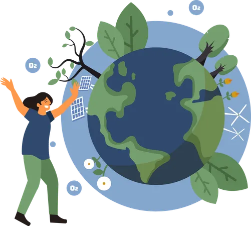 Girl happy to use renewable energy for earth  Illustration