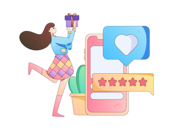 Girl holding gift  while checking online review  Illustration
