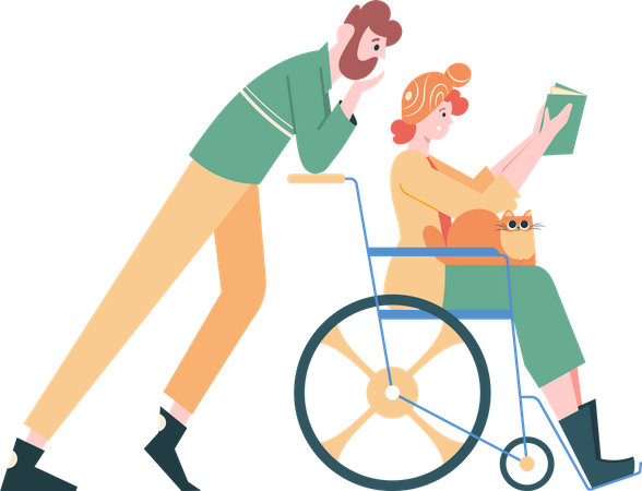 Girl in wheelchair with cat on reads book and loving husband  Illustration