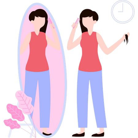 Girl is combing her hair in the mirror  Illustration