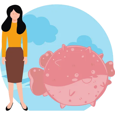 Girl looking at puffer fish in sea  Illustration