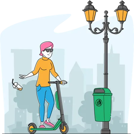 Girl on Push Scooter Passing by Litter Bin Throwing Garbage on Ground Ignoring Warning Sign  Illustration