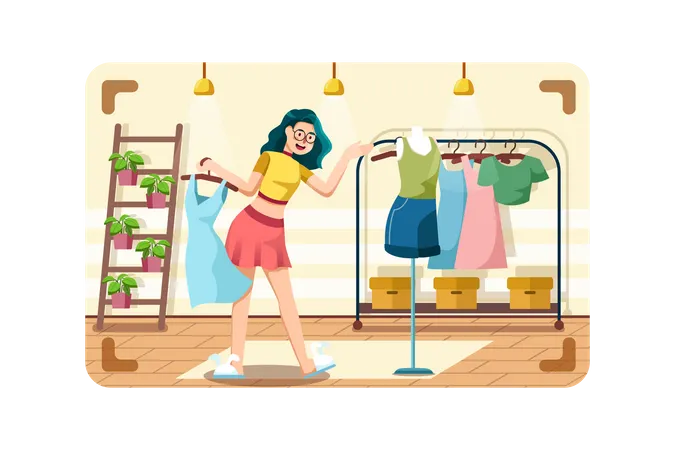 Girl selecting new dress  Illustration