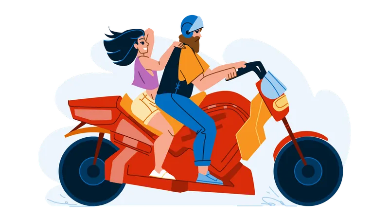 Girl sites behind motorcycle biker  Illustration