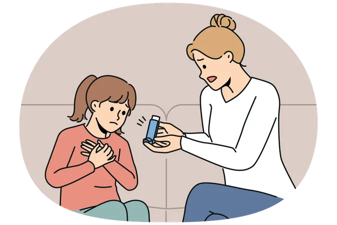 Girl suffering from asthma sits near mother with inhaler during allergic attack  Illustration