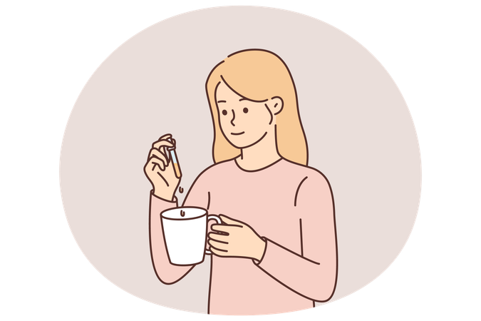 Girl uses cannabis oil pipette to add plant substance in mug to treat psychological illness  Illustration