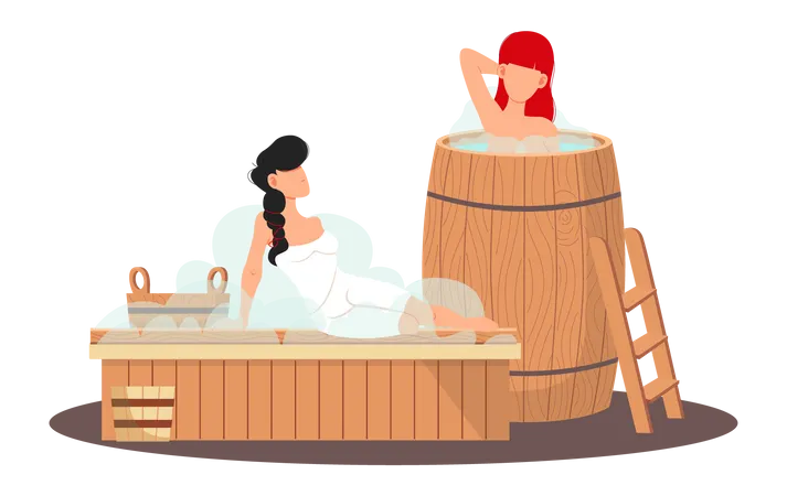 Girls relaxing in sauna  Illustration