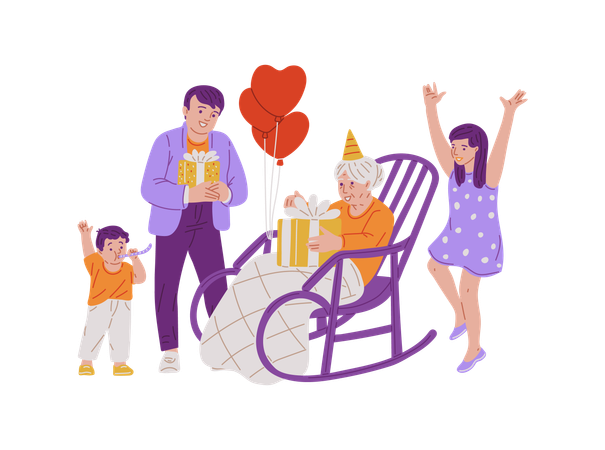 Grandmother in rocking chair, son, granddaughter and grandson celebrating birthday  Illustration