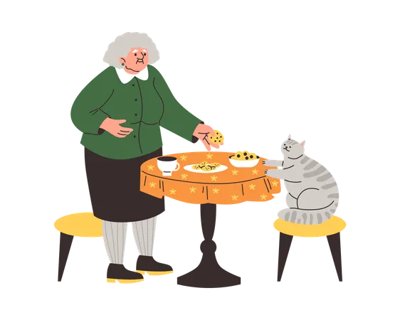 Grauhaarige Oma am runden Tisch bietet ihrer grauen Katze Kekse an  Illustration