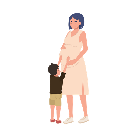 Mulher grávida e filho acariciando a barriga da mãe  Ilustração