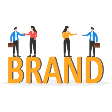 Grupo de empresas trabalhando para construir texto Marca-Construção de marca  Ilustração