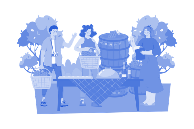 Guia turístico de comida e vinho explorando delícias culinárias locais  Ilustração