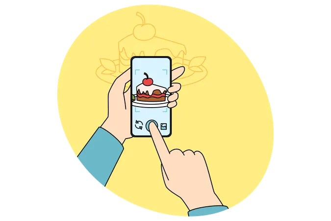 Hands holding smartphone make dessert photo on modern gadget.  Illustration