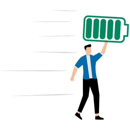 Happy businessman hold battery with full level and runs to work  Illustration