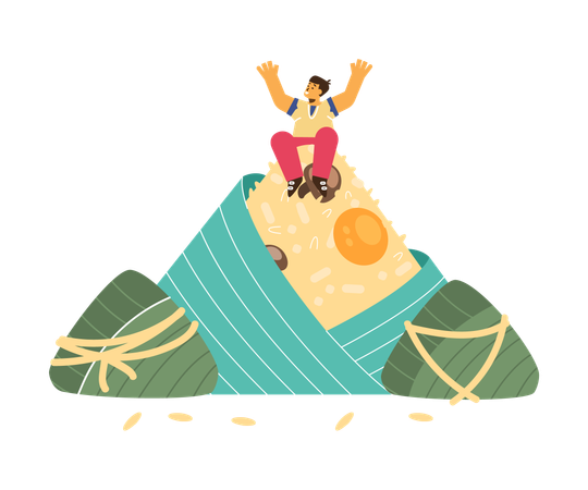 Happy Child Boy Sitting On Giant Zongzi  Illustration