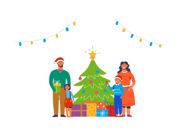Happy Family Decorating Christmas Tree  Illustration