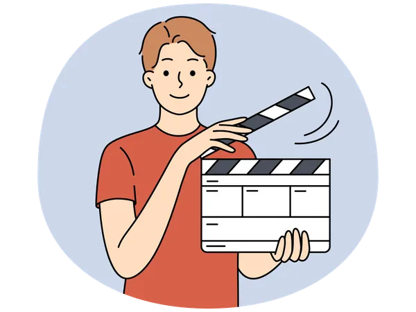 Happy guy with film flapping showing hand gesture  Illustration
