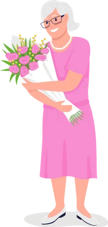 Happy senior Caucasian woman with flowers  Illustration