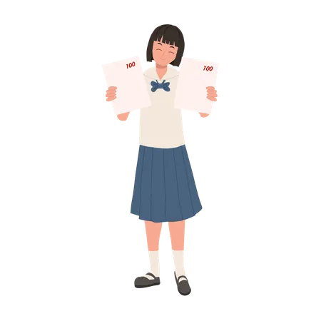 Happy Thai Student Achieves Full Score on Exam  Illustration