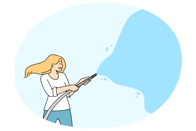 Happy woman watering with hose during summer activity festival  Illustration