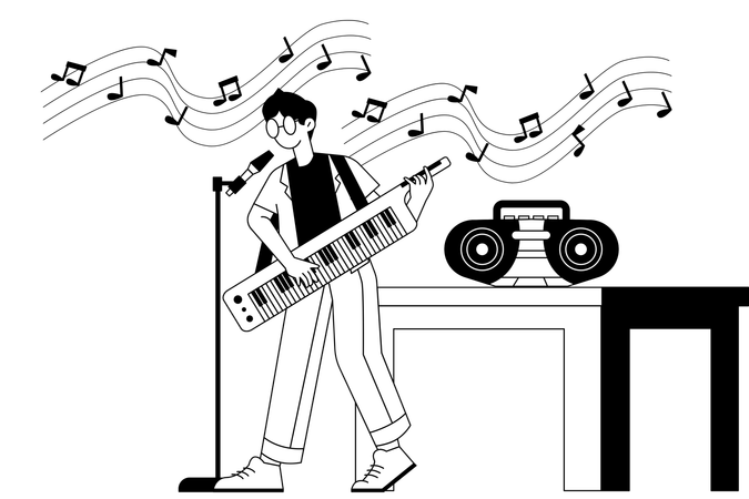 Hombre actuando en el escenario con teclado  Ilustración