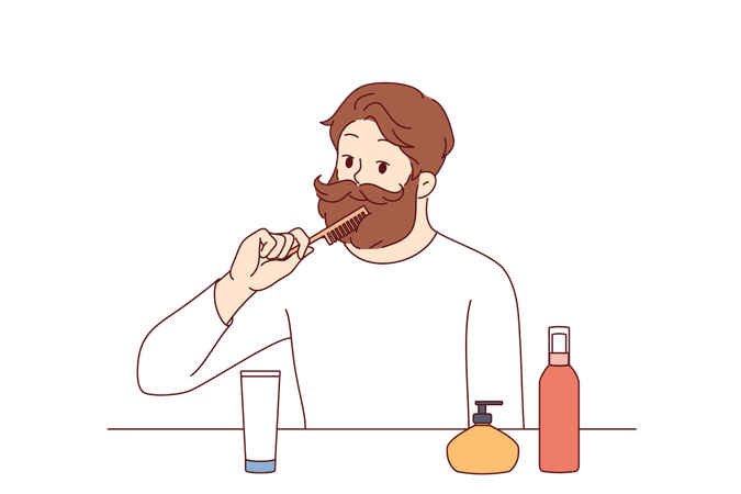 Un hombre brutal cuida su barba y bigote usando un peine para crear una hermosa imagen.  Ilustración