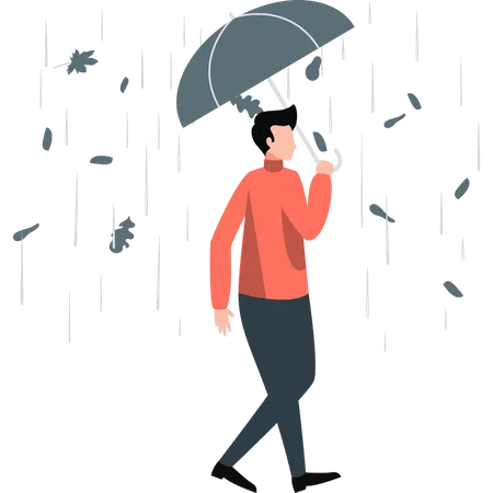 Hombre caminando con paraguas en tiempo lluvioso  Ilustración