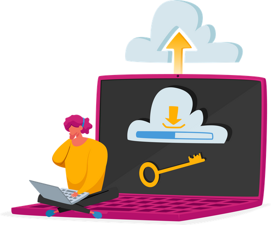 Hombre cargando datos para proteger el almacenamiento en la nube  Ilustración