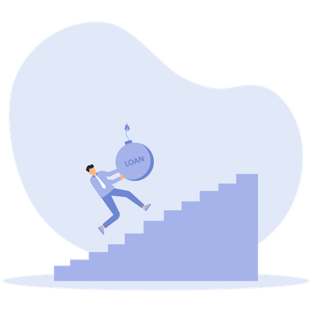 Hombre cargando una carga con una palabra prestada y tratando de subir escaleras  Ilustración