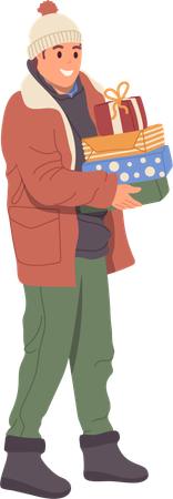 Hombre cargando una pila de paquetes de cajas de regalo de Navidad para familiares  Ilustración
