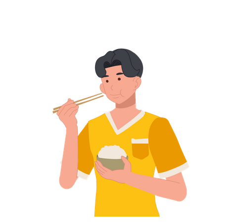 Hombre comiendo arroz con palillos  Ilustración