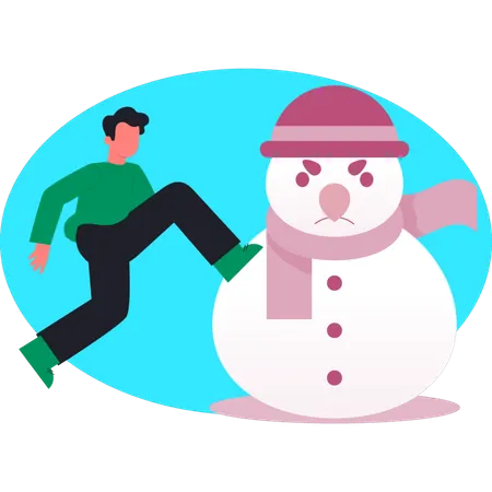 Hombre corriendo hacia las palabras muñeco de nieve enojado  Ilustración
