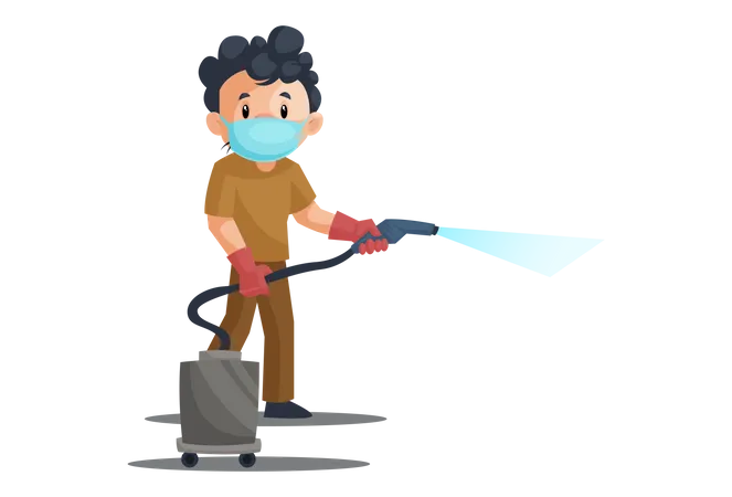 Hombre de limpieza rociando productos químicos  Ilustración