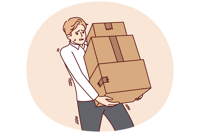 Un hombre exhausto lleva una pila de cajas  Ilustración