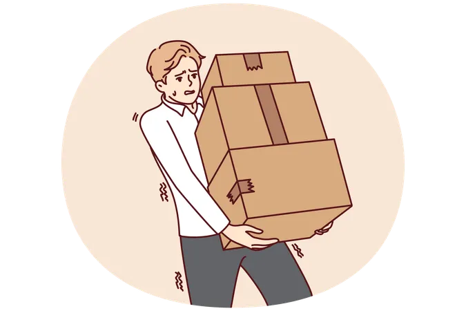 Un hombre exhausto lleva una pila de cajas  Ilustración
