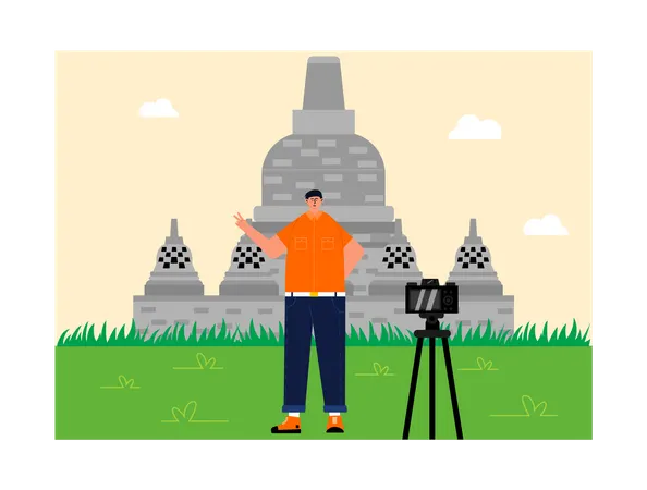 Hombre haciendo clic en su propia foto en el templo de Borobudur  Ilustración