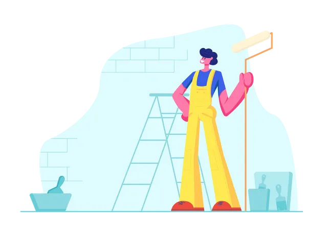 Home Repair Worker with Roller for Wall Painting  イラスト